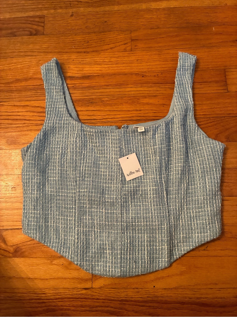 New Willow Light Blue Tweed Crop Top with Square Neck